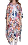 Hibluco Women's Long Floral Kimono Printed Cardigan Sheer Swimsuit Cover Ups