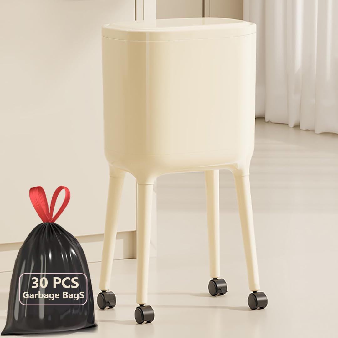 Photo 1 of DSY@MTRLA Modern High-Legged Trash Can with Wheels, 4 Gallon/16L, Removable Inner Bucket, Press-to-Open Lid, Rolling Tall Kitchen Office Living Room Garbage Bin with Legs, 30PCS Garbage Bags Gift