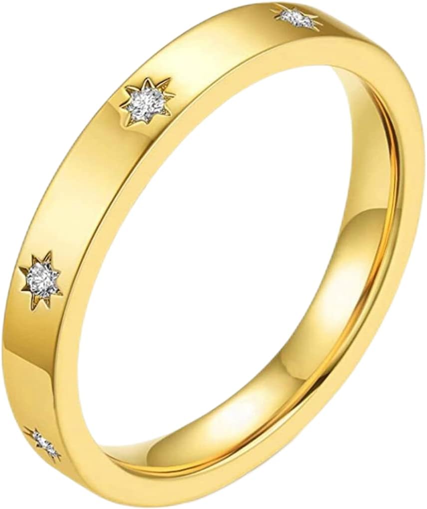 4mm Stainless Steel Classic Plain Star Cubic Zircon Filled Eternity Stackable Wedding Band Ring