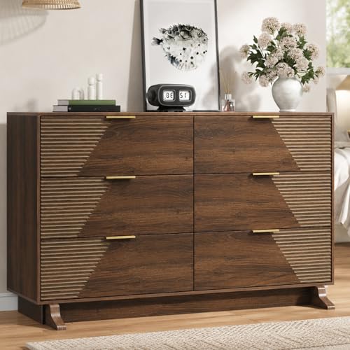 Image of Gyfimoie 47.24 inch Wide Dresser for Bedroom, Chest of Drawers with Fluted Design & Gold Metal Handle, 6 Drawer Dresser with Sturdy Base, Walnut Dresser for Bedroom, Living Room, Hallway