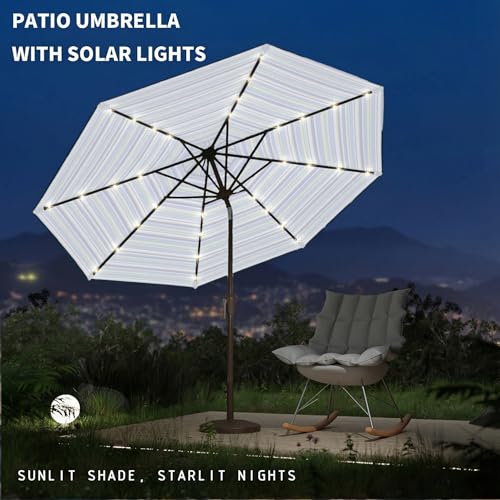 Image of 9FT Patio Umbrella with Solar Lights,Outdoor Market Umbrella with Tilt and Crank, LED Lighted Table Umbrella for Garden,Deck,Backyard,Pool,Beach (Blue Green Stripes)