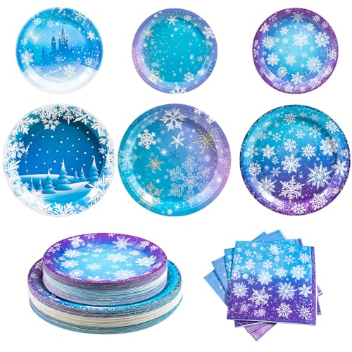 Dhnvcud 180PCS Frozen Birthday Party Supplies Serve 60,Snowflake Winter Wonderland Paper Plates and Napkins Kit for Christmas Winter Holiday New Year Birthday Party Supplies Decorations