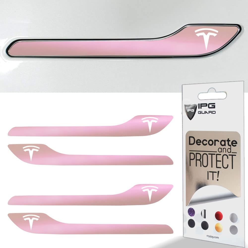 IPG Compatible for Model 3 / Model Y Door Handle Decal Sticker Wrap Kit (Set of 4) with Tesla Logo Personalize Your Tesla Logo (Pink Pearl)