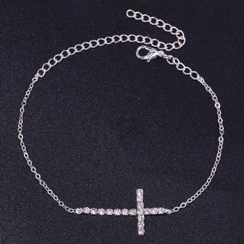 Image of Fesciory Silver Ankle Bracelets for Women, Adjustable Rhinestone Pendant Tennis Anklet, Butterfly Heart Infinite Diamond Summer Beach Foot Chain Jewelry Gifts for Girls(Cross), XFeselry081-Cross