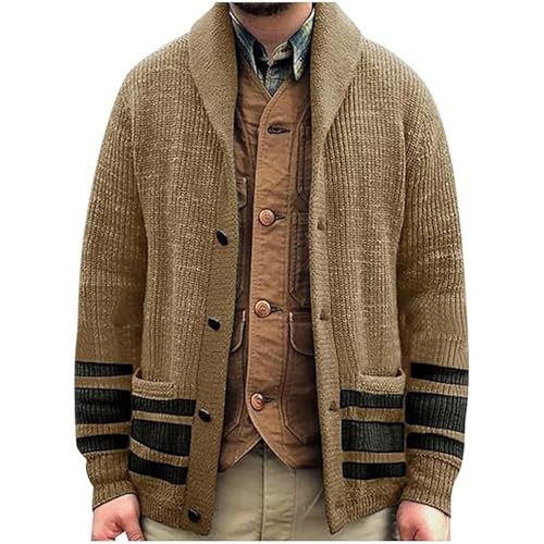 Men's Button Long Sleeve Knit Sweater Cable Knit Cardigan Sweater Casual Winter Cardigans (Large,Khaki)2