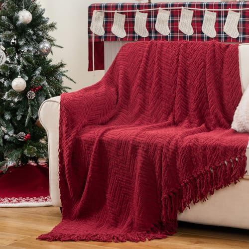 Image of BATTILO HOME Red Throw Blanket for Couch, Knit Christmas Throw Blanket for Home Decor, Super Soft Cozy Warm Red Christmas Blanket for Winter, 50 inch x 60 inch