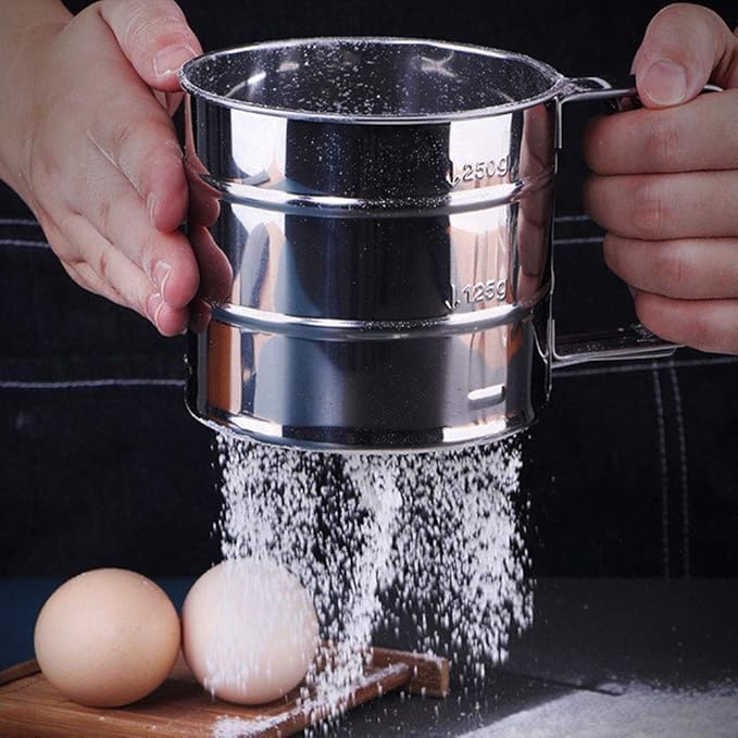 Image of Stainless Steel Flour Sifter for Baking, Durable Mesh Sieve with Comfortable Handle, Atta Shifter (Semi Automatic), 12L x 12W x 15H cm, Silver