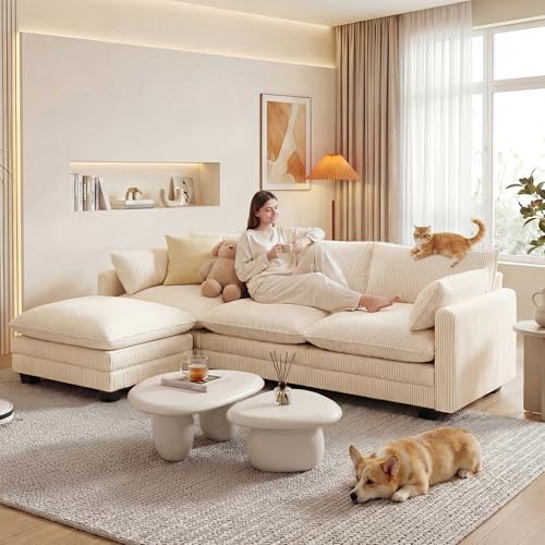 Image of Gizoon 110'' Oversized L Shaped Couch for Living Room, Cloud Couches with Washable Corduroy Cover, Modern 4-Seater Comfy Deep-Seat Sofa with Movable Ottoman and 2 Throw Pillows for Apartment, Beige