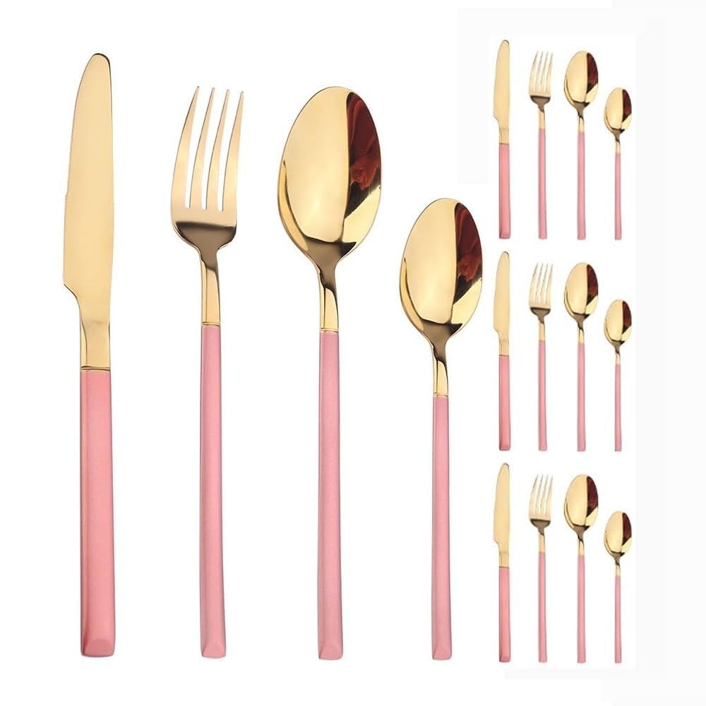 Processo Di Placcatura Cucina Acciaio Inossidabile Argenteria Stoviglie Posate Coltelli Forchette Cucchiai Set Coltello Da Bistecca Per La Casa Cucchiaio Da Dessert (Rosa,16 pezzi)