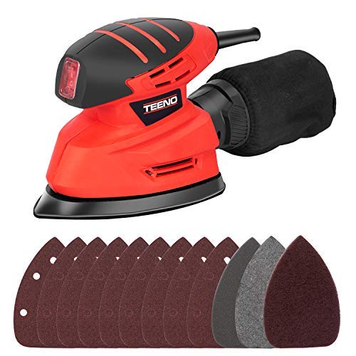 TEENO Lijadora Eléctrica 130W Lijadora Mouse con Caja de Polvo, 10 Papeles de Lija,3 Esponja de limpieza