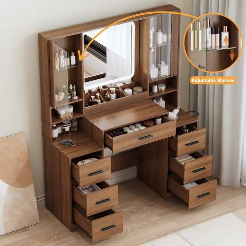 Image of BORNOON Vanity Desk with Mirror and Lights, Makeup Vanity with 7 Drawers, 2 Glass Door Cabinets, Charging Station, Adjustable Shelves, RGB Lighting, Holder