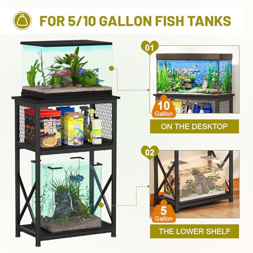Image of Snughome 10 Gallon Aquarium Stand with Storage, 3 Tier Heavy Metal Fish Tank Stand Shelf 20.47 inch x 11.42 inch x 30.91 inch, Black