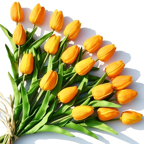 Image of ONLY ART Artificial Orange Tulips 20 Pcs - 13.5 Inch PU Faux Flowers with Bendable Stems for Home Decor, Wedding Centerpieces, DIY Floral Arrangements, New Year and Valentine's Day
