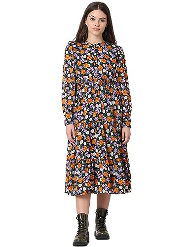 Image of ONLY Floral Printed Cuffed Sleeves Tiered Midi A-Line Dress