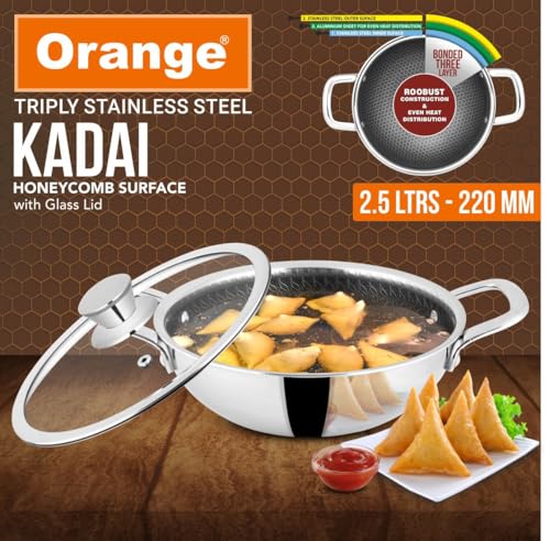 Image of Orange Triply Stainless Steel Honeycomb Non-Stick Deep Kadai /Kadhai with Glass Lid (2.5 LTR, 22cm) | Induction & Gas Stove Capatible | Metal Spatula Friendly | 2.5mm Thickness | 5Year Warranty