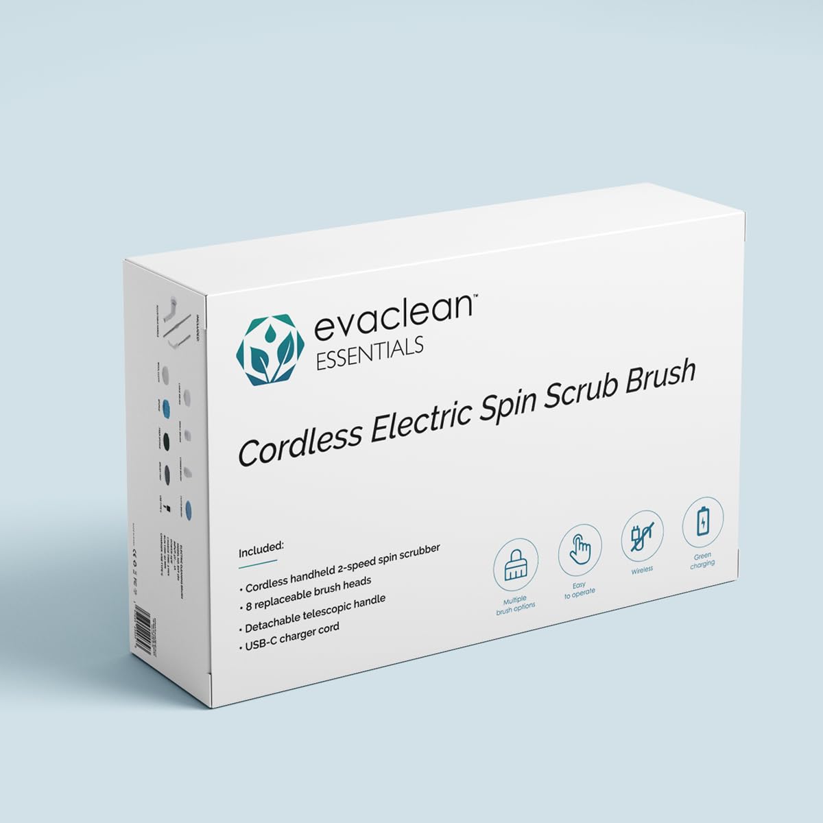 Essentials - Cepillo eléctrico giratorio para ducha, bañera, hogar, hasta 400 rpm de potencia, inalámbrico, tiempo de funcionamiento de 90 minutos, indicador LED, 7 cabezales de cepillo, 2 8
