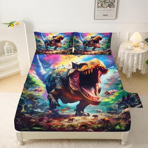 VTKON Dinosaur Sheets Set Twin for Boys Tie Dye Dinosaur Bedding Set 3D Dino Bed Set with 1 Flat Sheet 1 Fitted Sheet and 1 Pillowcase