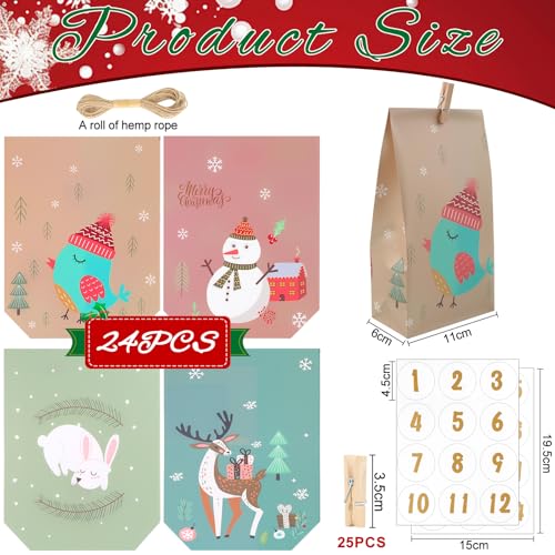 DXiongW 24 Stück Adventskalender zum Befüllen Tüten DIY Geschenktüten 21x17 cm Adventskalender Kraftpapiertüten mit Zahlenaufkleber und Klammern Adventstüten zum Basteln für Kinder Weihnachtskalender