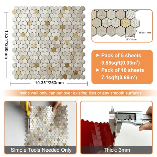 VAOVI 3d Wandfliesen Mosaik Selbstklebende,Küchenfliesen Aufkleber Badezimmer Wanddekoration Klein Steinoptik Texturiert Matte Sechsecke(Champagner Gold,10 Stück)