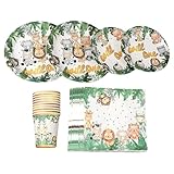 ZEPFJHE Juego de 20 platos de papel con temática de animales de la selva, vasos, servilletas, suministros de vajilla multiusos para fiestas de cumpleaños de niños, platos de la selva