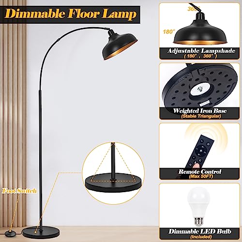 Arch Floor Lamps with Remote - Dimmable Floor Lamp 70”, Black Tall Lamp with 360° Adjustable Hanging Metal Shade, Arc Lamps Floor Standing with 9W Bulb, Over Couch Lamps for Living Room, Foot Switch by Brilvibera - Image 2