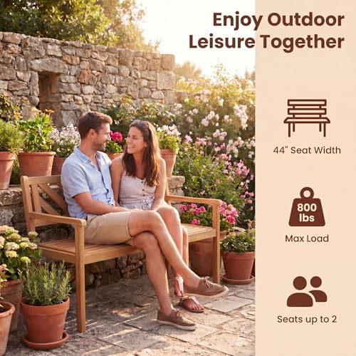 Image of Giantex 2-Person Outdoor Bench, 47 inch Patio Acacia Wood Loveseat with Slatted Seat, Armrests & V-Shaped Backrest, Wooden Garden Seating for Backyard, Porch, Deck, Poolside