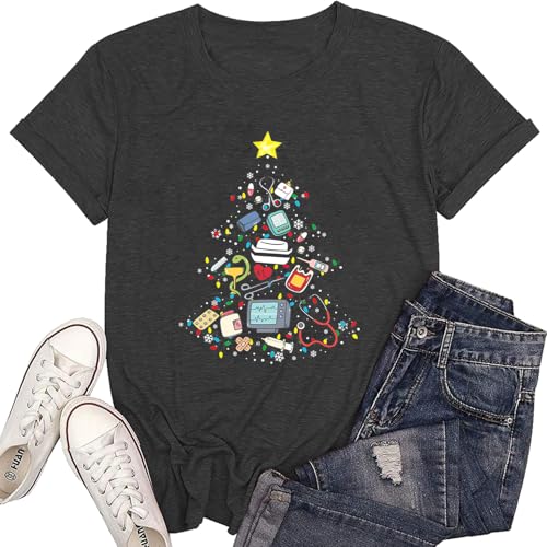 Santa's Favorite Nurse Christmas Tree T-Shirts Xmas Shirts for Women Vacation Nurse Life Tee Tops