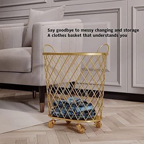 Clothes Storage Basket, Laundry Basket With Wheels, Round Mesh Wrought Iron Toy Storage Box- Home Bathroom Laundry Basket, Laundry Basket, For Clothes, Toy Storage, Dirty Clothes Storage Box (Gold) #TOP7
