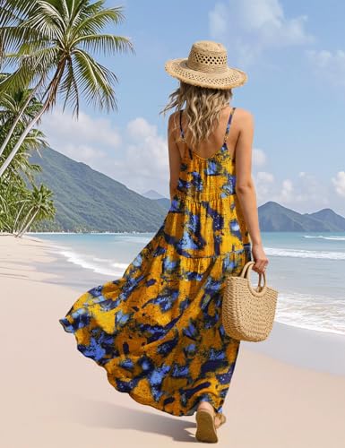 Image of YESNO Summer Bohemian Floral Dresses for Women Spaghetti Straps Maxi Dress Casual Flowy Dresses with Pockets ES0