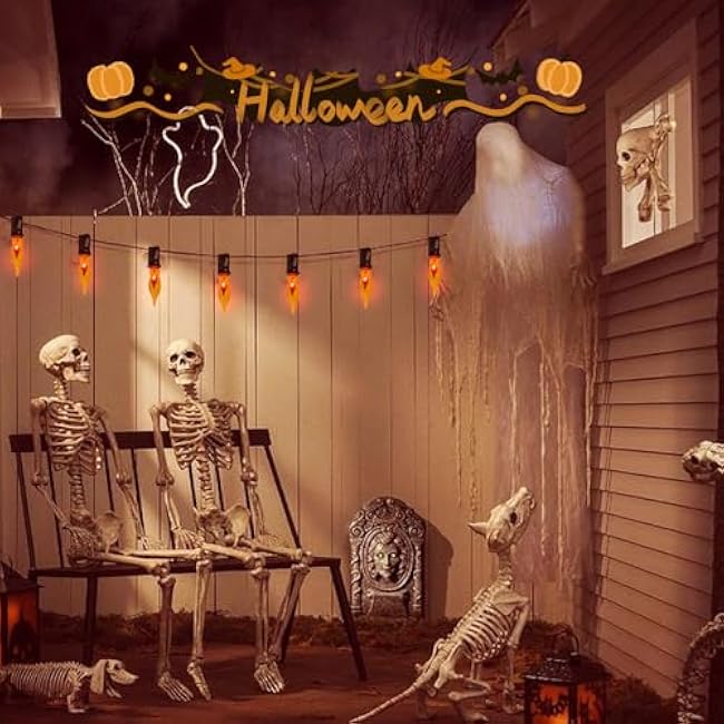 C18 Halloween Flicker Flame String Lights, 10FT Flickering Flame Shaped Bulb Dances with a Flickering Clear Orange Glow, 1 Watt-Black Wire