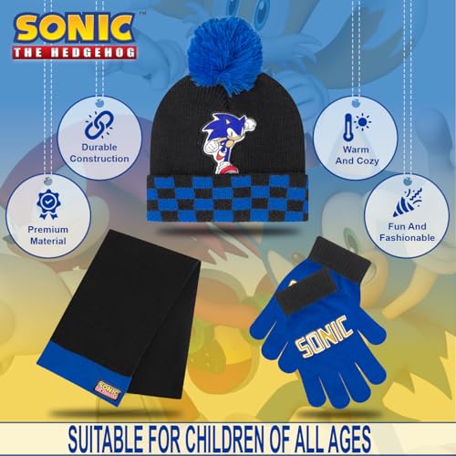 Image of Sonic The Hedgehog Winter Hat and Gloves Set - Blue Sonic Hat for Boys Ages 5-13 - Winter Hat with Scarf and Glove Set
