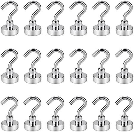 BTLIN Small Magnetic Hooks, Strong Neodymium Magnet with Hook, Heavy Duty Metal Hanging Hook Max Load Capacity 18Lbs for Fridge Kitchen Garage Office 18Pack