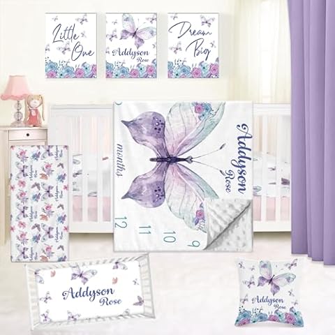 Kotagi Personalized Baby Crib Bedding Set: Custom 5 Piece Baby Girl Crib Bedding Set Nursery Blanket Crib Sheet Changing Pad Cover with Purple Butterfly Floral Bedding Cover