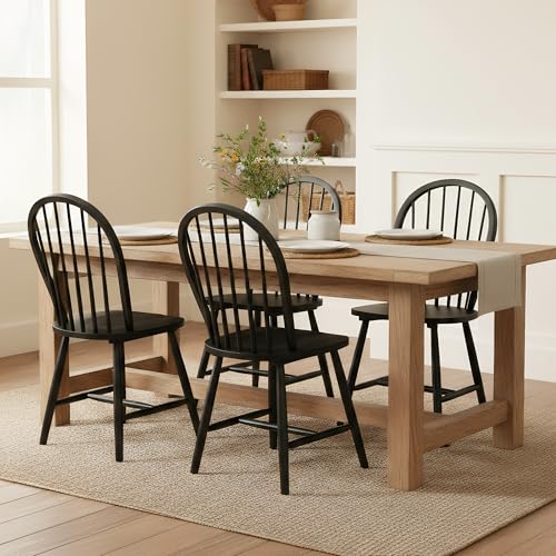 DM Furniture Black Dining Chairs Set of 4, Farmhouse Spindle Dining Room Chairs, Solid Wood Windsor Accent Chairs for Living Room/Kitchen/Restaurants, Black, Round Back