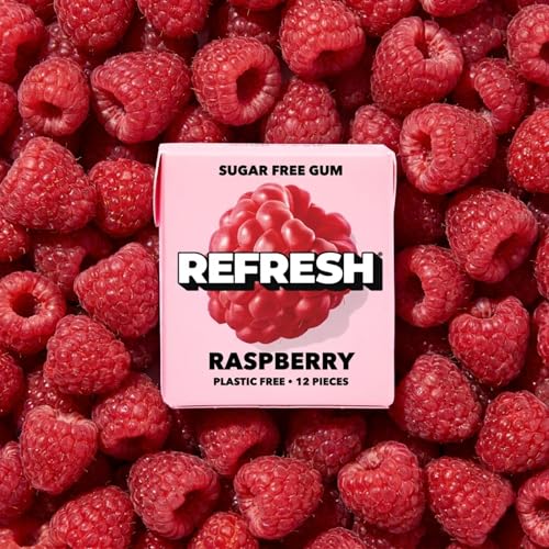 Image of Refresh Plant Based Gum, Sugar Free, Xylitol, 12 Pcs, 6 Pack (Raspberry)