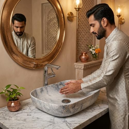 Image of Ceramic Tabletop Wash Basin - Glossy Rectangular Countertop Vessel Sink with Marble Finish for Bathroom & Vanity | Compact 18 x 13 x 5 Inch | Elegant Washbasin