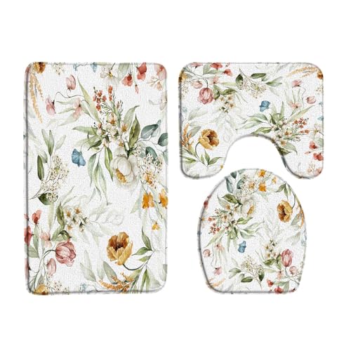 Yadshoti 3pcs/Set Spring Flower Bath Rugs Watercolor Floral Green Leaves Plant Scenery Pattern Print Low Pile Memory Foam Bathroom Decor Rug U Shape Mat Toilet Lid Cover 17.7 x 29.5 Inch