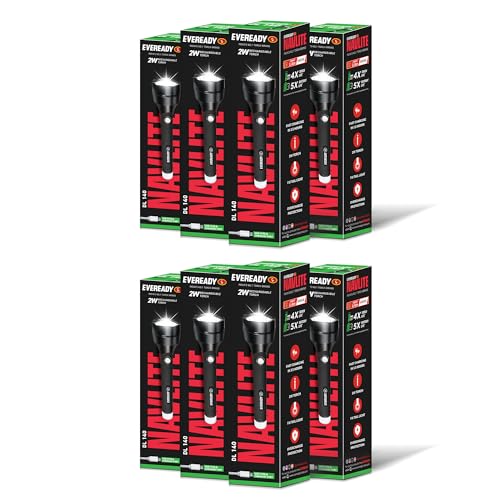 Image of Eveready Navlite DL140, Rechargeable 2W Torch + 1W Emergency Tail Light, Metallic Finish, Type B /Micro USB Charging, Overcharge Protection, Powered by BIS Certified Li-ion Battery, Pack of 8