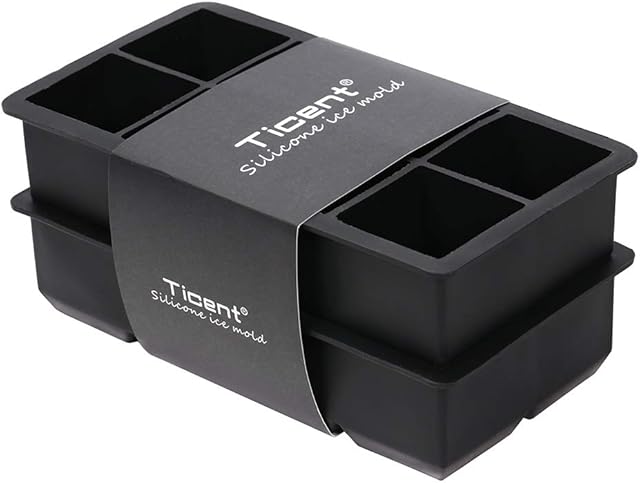 Ticent & Co Ice Cube Trays - Large 2 inch Square Silicone Ice Cube Mould for Whiskey Cocktails, Pack of 2 (Black)