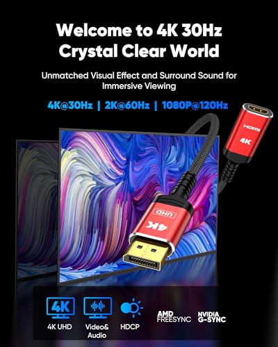 Image of Highwings 4K DisplayPort to HDMI Cable Adapter, DP to HDMI Cable Uni-Directional UHD (2K 60Hz, 1080p 120Hz), Display Port Male to HDMI Female Passive, Monitor Converter for Computer, GPU, AMD, NVIDIA