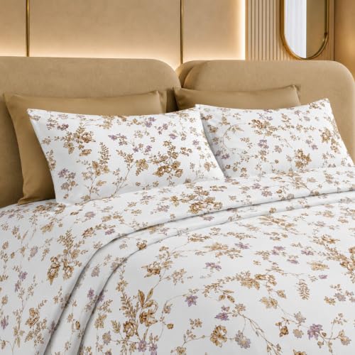 Image of Jaipur Weaves Cotton Linen Feel King Size Bedsheet 108x108 Super King, 100% Pure Cotton Bed Sheet with 2 Pillow Covers, 300 TC Soft Breathable Floral Design Bedding -(Vintage Mustard, Super King)