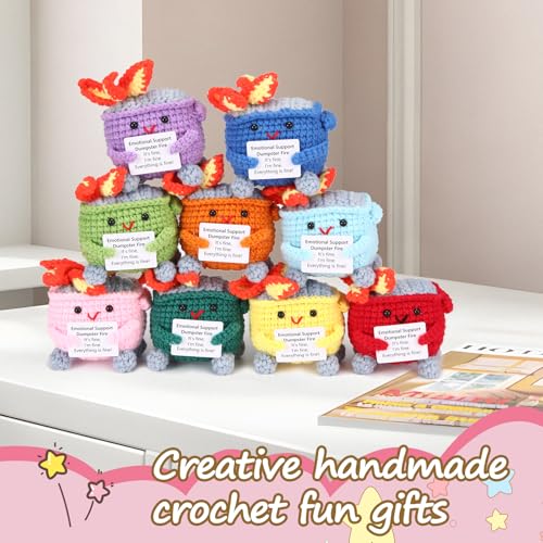 Image of RovyFota Emotional Support Crochet Dumpster Fire with Positive Card Cute Room Decor Knitted Toys Funny Crochet Support Buddies Gifts for Friends (9pcs Mix)