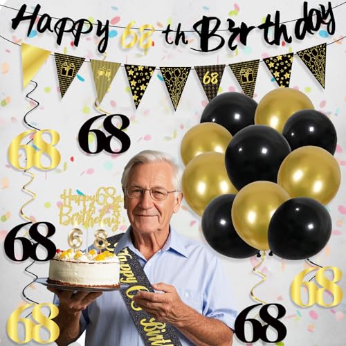 Image of 68th Birthday Decorations for Men, Black Gold 68th Party Decoration Kits | 27pcs Happy 68th Birthday Set, Banner, Honeycomb, Balloons, Gold Number, Candle, Hanging Swirls, Cake Topper, Party Supplies