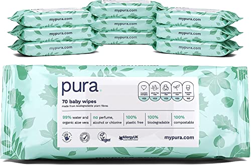 Pura Toallitas para bebé (10 paquetes de 70 toallitas), 100% libre de plástico, biodegradables, 99% de agua, aloe vera, orgánico vegano, apto para pieles sensibles, aprobadas por parteras