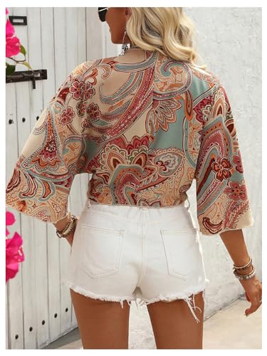 GORGLITTER Women's Boho Tie Front Crop Tops 3/4 Length Sleeve Paisley Blouse Shirt2