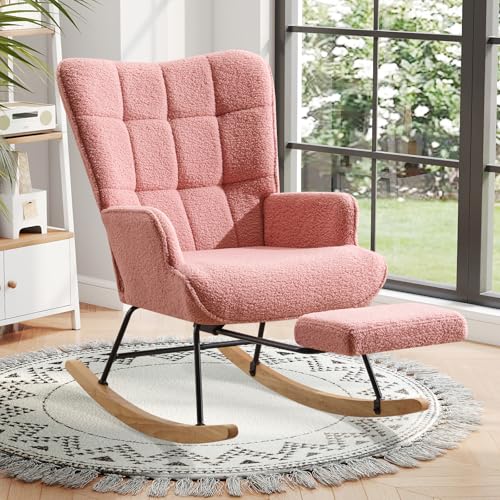 Ckaff Poltrona a Dondolo con Poggiapiedi, Sedia a Dondolo per Salotto Poltrona Allattamento con Schienale Alto e Base in Legno Massiccio per Cameretta Bambini Camera da Letto Soggiorno, Rosa