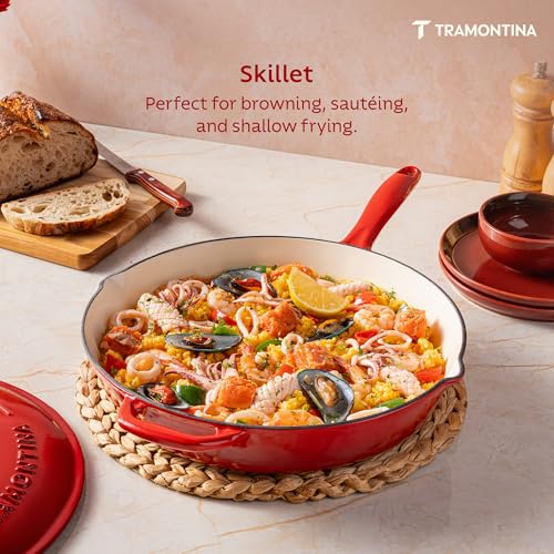 Image of TRAMONTINA Bestow Fry Pan 30 cm with Lid | Enameled Cast Iron Cookware | Even Heat Retention | Low Oil Healthy Cooking | No Seasoning Required | Stainless Steel Knob | All Cooktops Compatible | Red