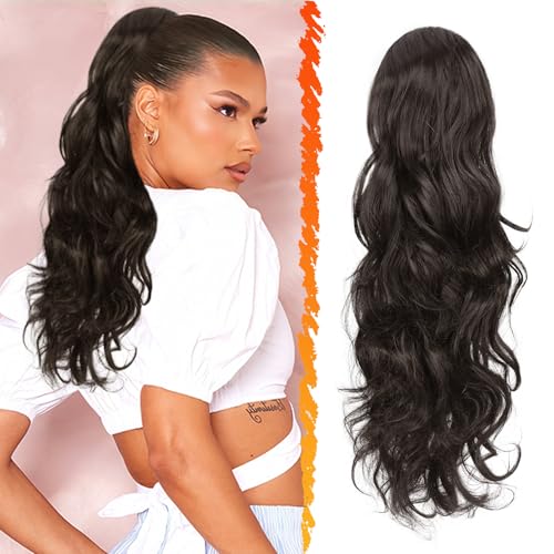 BARSDAR Coleta Pelo Natural Marrón Oscuro, 50cm Ondulado Rizado Cola de Caballo Extensiones de Pelo para Mujeres Sintético Clip in Postizos Extensiones Coleta - Marrón Oscuro