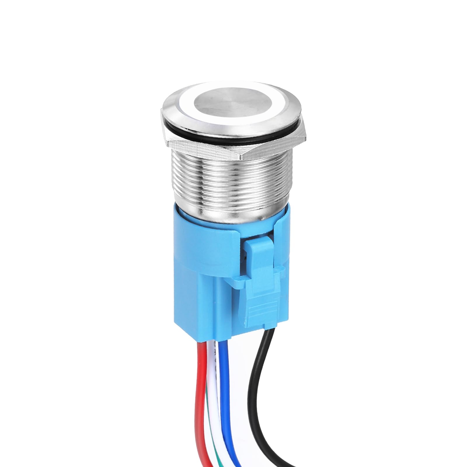 DMiotech 1 Pcs 7/8" Stainless steel Latching Push Button Switch 5Pin 1NO1NC 5A 12-24V Silver Flat Button White Ring Lamp with Socket Plug with Wire for Car Boat Systems