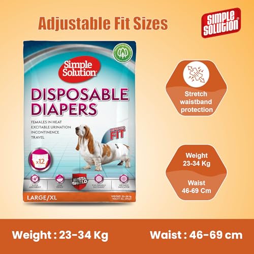 Image of Simple Solution Disposable Diapers for Dogs, Insta Shield Core, Leak-Proof, Fur-Friendly Fasteners, Ideal for Females in Heat, Incontinence & Travel - Pack of 12 (L-XL)